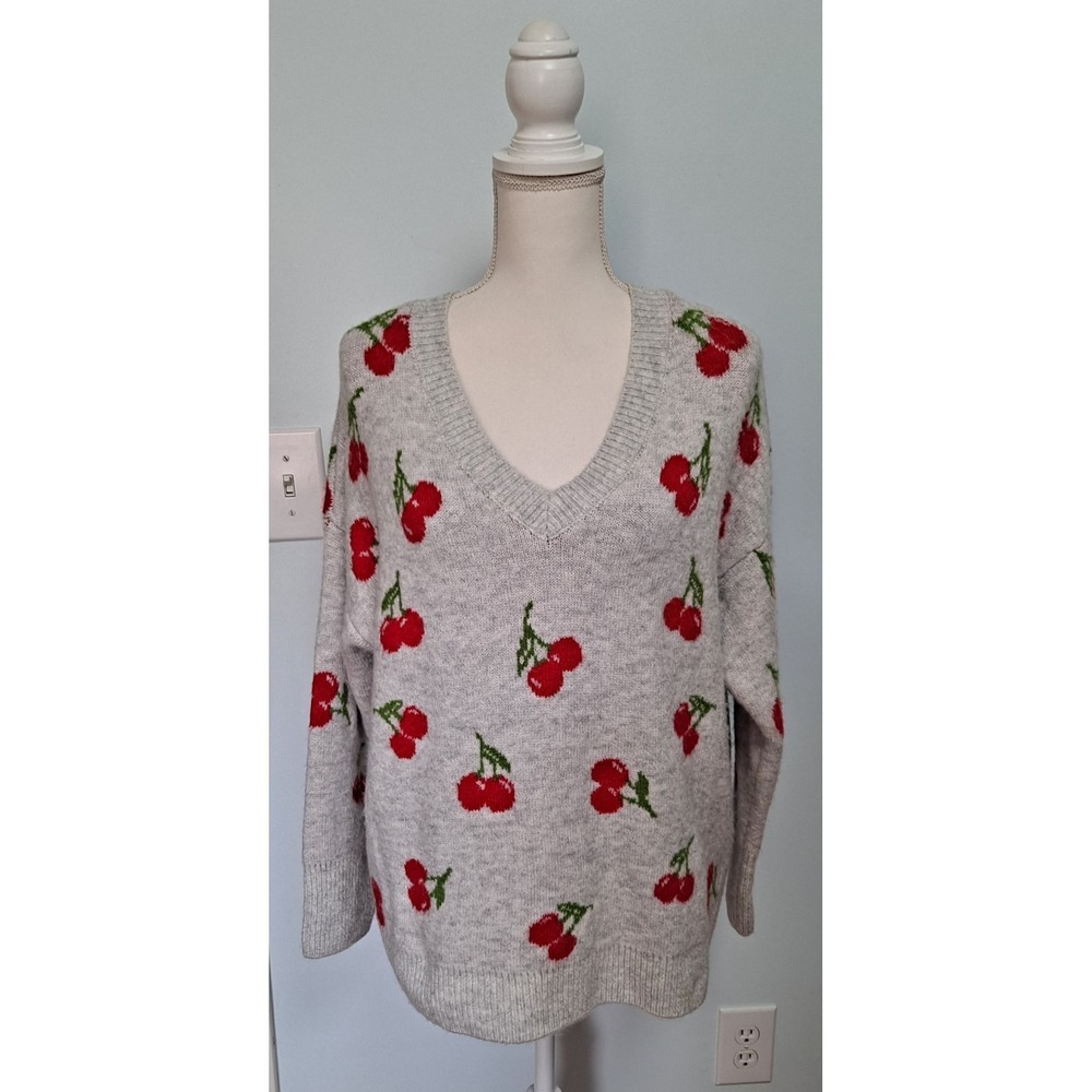 CeCe Women's V- Neck Gray Over Sized Cherries Super Soft Sweater- Size M
